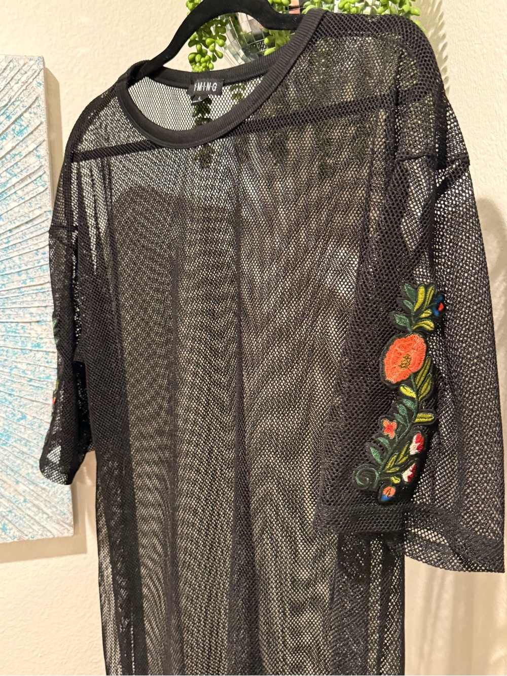 Timing Black Mesh Floral Embroidered T-Shirt Dress Size L
